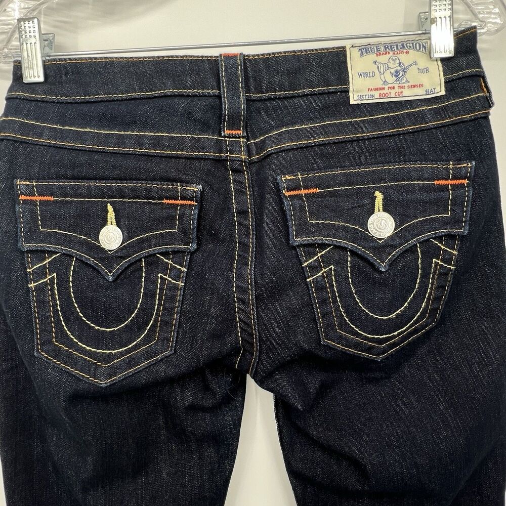 True Religion Women Jeans Bootcut Sz 27 Flap Pockets Low Rise Blue Dark Wash Y2K